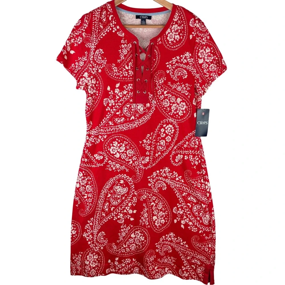 NWT Chaps Dress Bandana Print Red L Tie Front Short Sleeve Casual Fourth of July - Picture 1 of 9